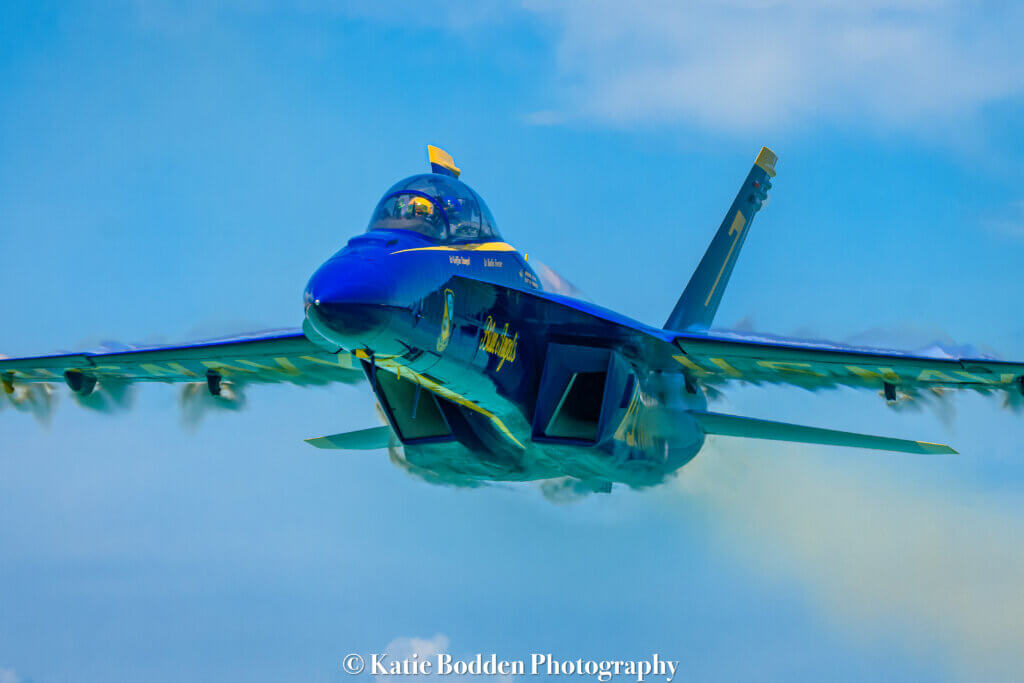Katie Bodden's photo of a Blue Angel's plane from the front as it flies close overhead.